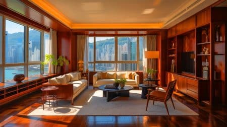 Illustration de l'utilisation du bois dans les intérieurs urbains de Hong Kong pour un luxe discret. Image réalisée par IA.