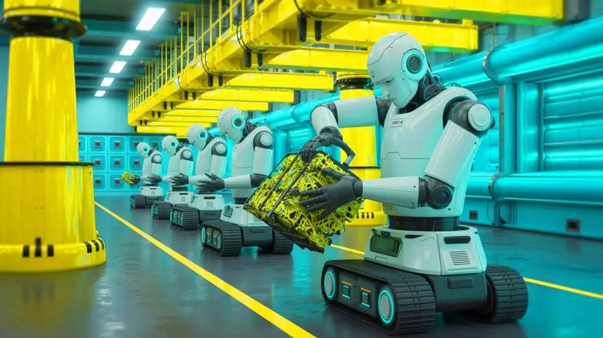 Illustration of autonomous robots segregating radioactive waste at a nuclear plant. Image generated by AI.