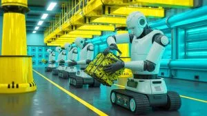 Illustration of autonomous robots segregating radioactive waste at a nuclear plant. Image generated by AI.