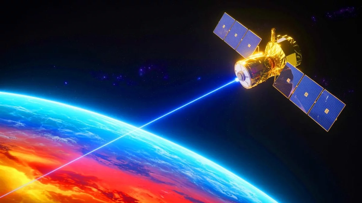 Illustration of a Chinese satellite transmitting data to Earth using a laser. Image generated by AI.