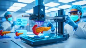 Illustration of a medical laboratory 3D bioprinting an organ. Image generated by AI.