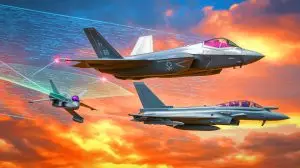Illustration of the Royal Air Force's StormShroud drone supporting F-35B and Eurofighter Typhoon jets. Image generated by AI.
