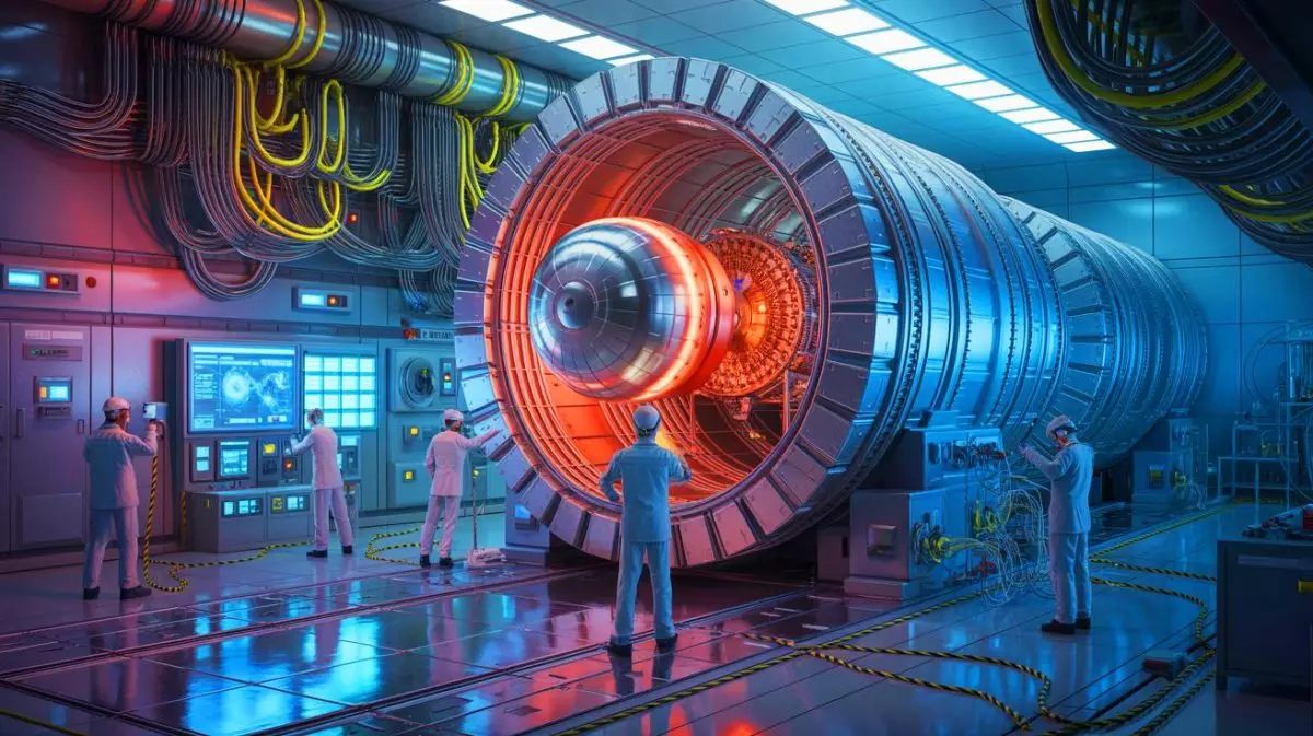 Illustration of the High-Luminosity Large Hadron Collider test facility with superconducting magnets. Image generated by AI.