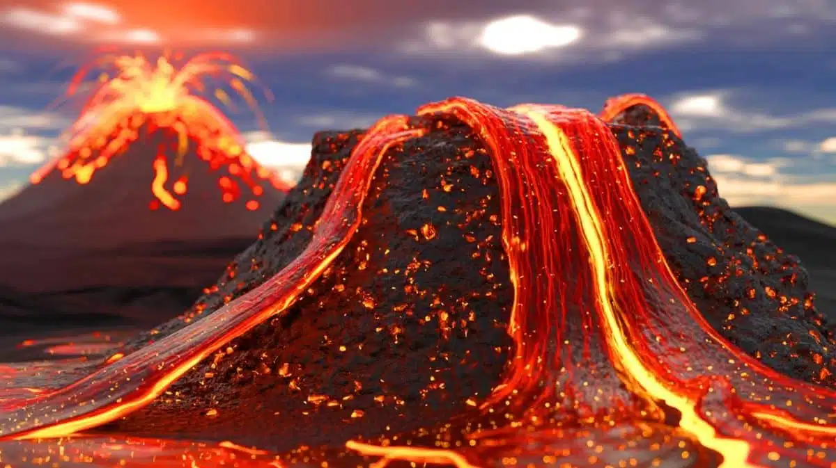 Illustration de la remontée de métaux rares, dont de l’or, depuis le noyau terrestre vers la surface via les volcans. Image réalisée par IA.