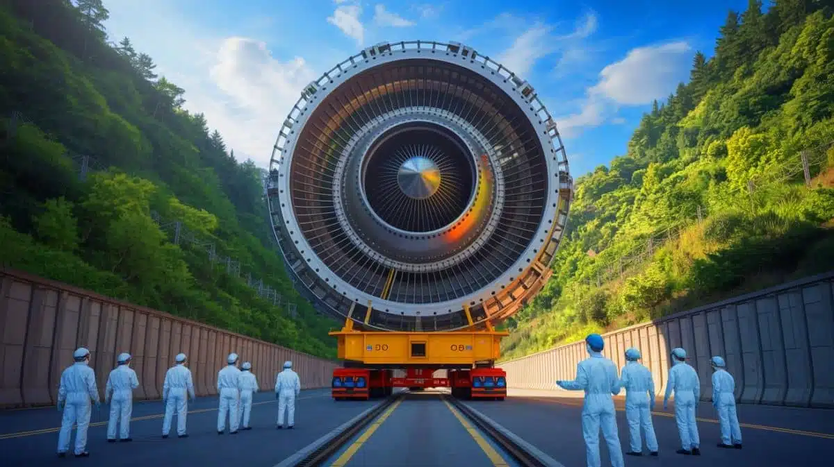Illustration of the ITER nuclear fusion reactor's magnetic component being delivered to France. Image generated by AI.