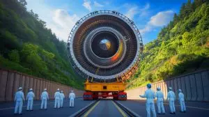 Illustration of the ITER nuclear fusion reactor's magnetic component being delivered to France. Image generated by AI.