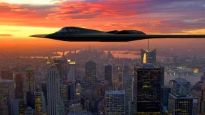 Illustration of the U.S. B-2 Spirit Stealth Bomber in flight during a strategic mission. Image generated by AI.