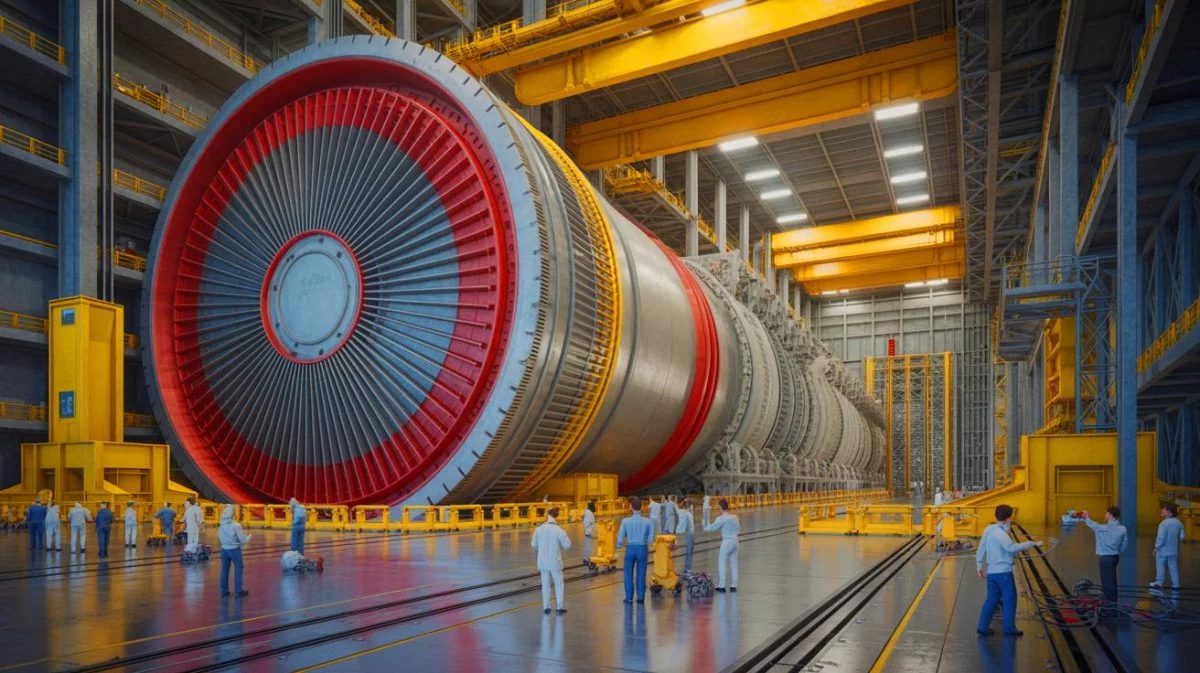 Illustration of the ITER nuclear fusion reactor with China's 50-foot magnetic component. Image generated by AI.