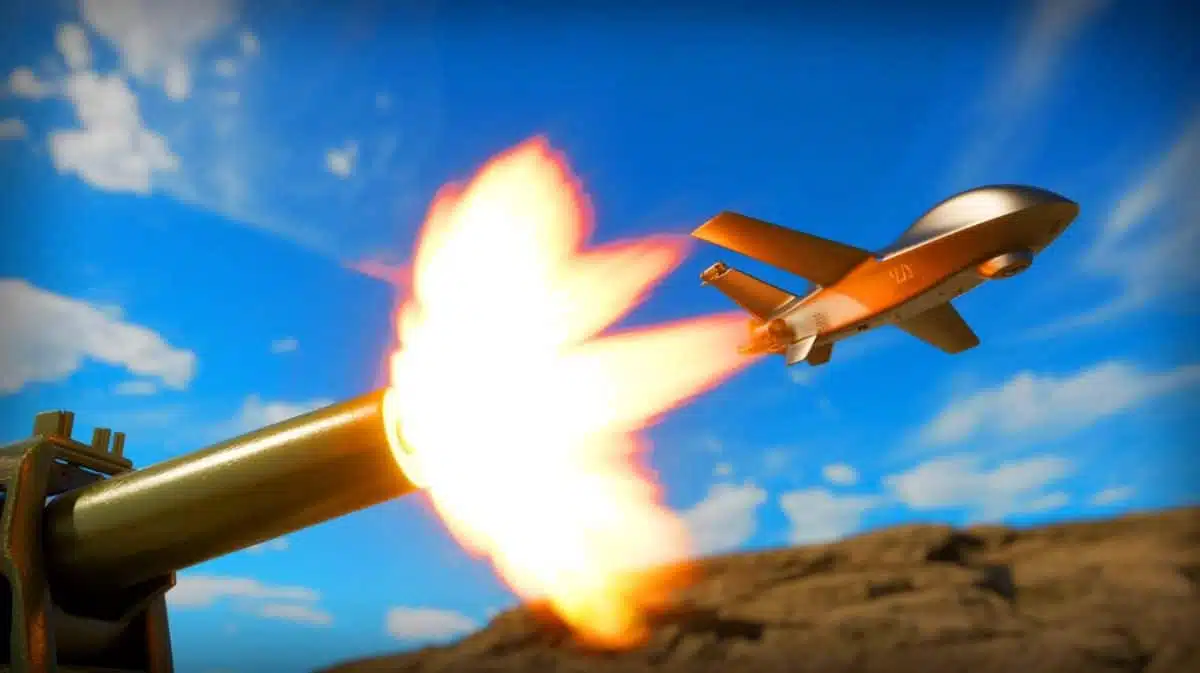 Illustration of artillery-fired drones in flight over a military testing ground. Image generated by AI.