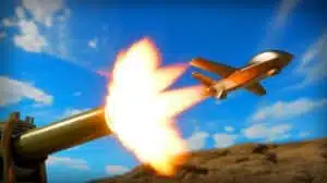 Illustration of artillery-fired drones in flight over a military testing ground. Image generated by AI.