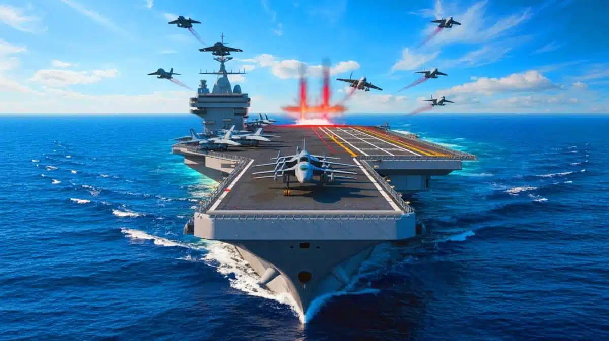 Illustration of the Fujian aircraft carrier during its sea trial. Image generated by AI.