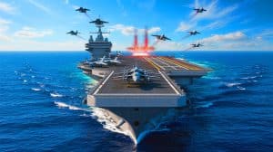 Illustration of the Fujian aircraft carrier during its sea trial. Image generated by AI.