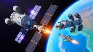 Illustration of China's Tiangong space station with robotic defense bots intercepting a spacecraft. Image generated by AI.
