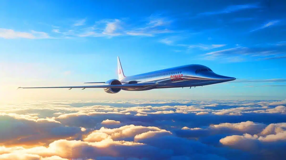 Illustration of the Comac C949 supersonic airliner flying above the clouds. Image generated by AI.