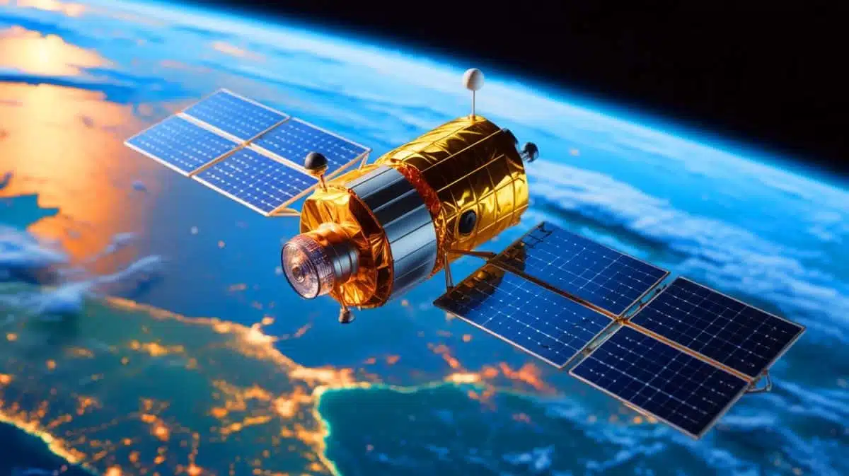 Illustration of a satellite in orbit showcasing China's home-grown OpenHarmony operating system. Image generated by AI.
