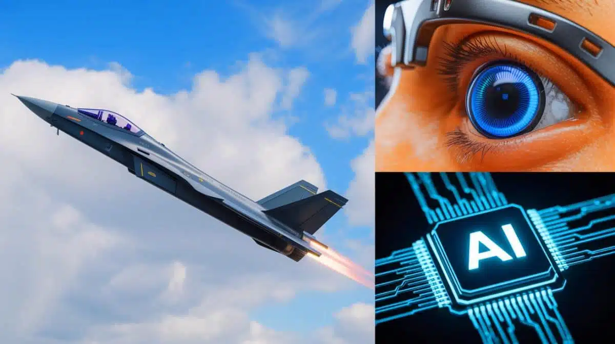 Illustration of China’s scientific advancements in military aviation, artificial retina, and non-binary AI chips. Image generated by AI.
