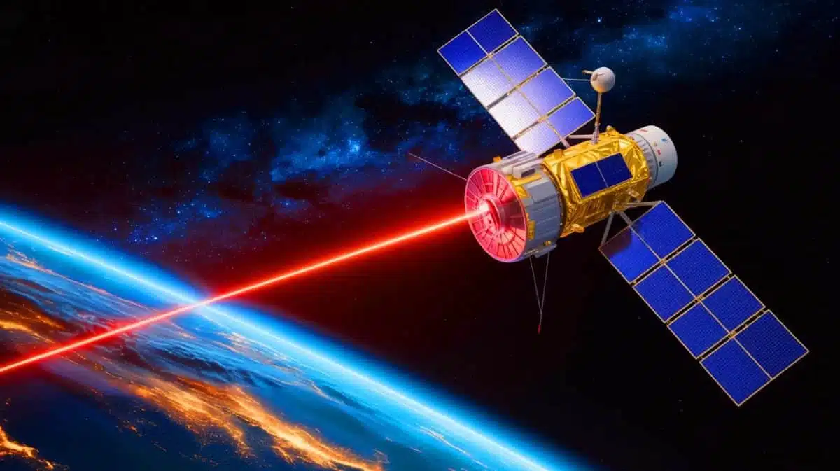 Illustration of a geostationary satellite transmitting data to Earth using a 2-watt laser. Image generated by AI.