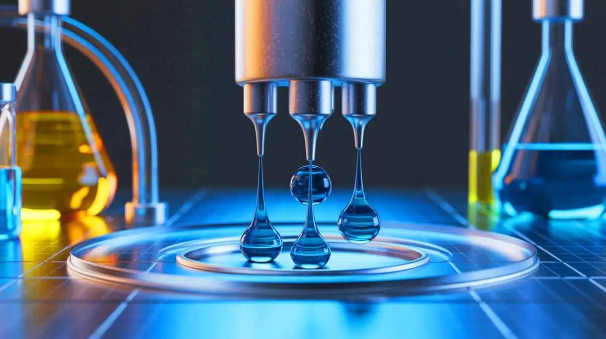 Illustration of a magnetic microrobot manipulating liquid droplets with precision and speed. Image generated by AI.