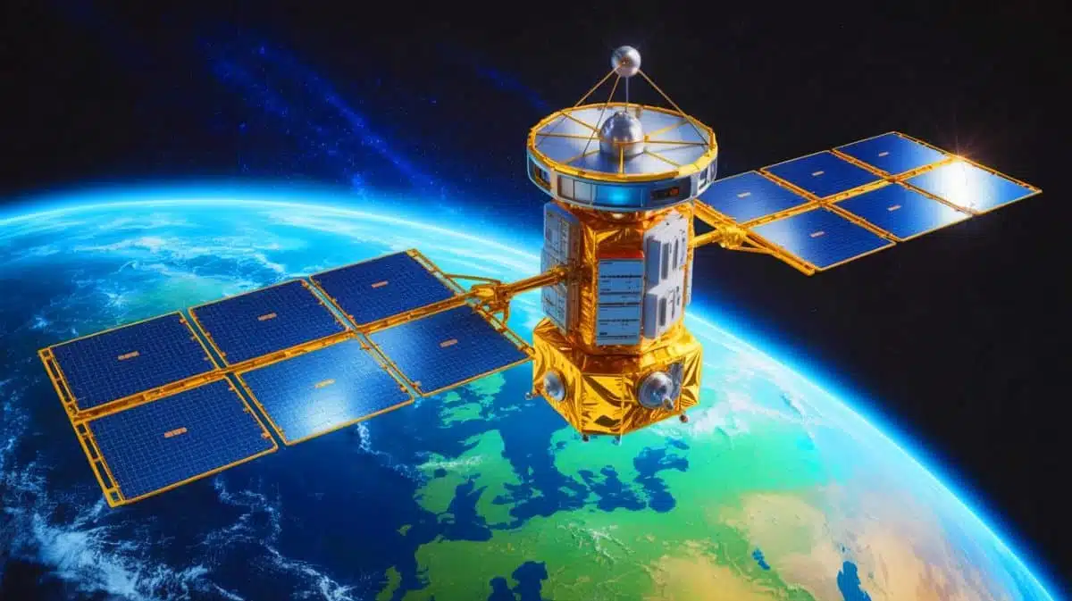 Illustration of a quantum communication satellite in orbit, highlighting its potential vulnerabilities. Image generated by AI.