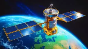Illustration of a quantum communication satellite in orbit, highlighting its potential vulnerabilities. Image generated by AI.