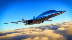 Illustration of the C949 supersonic jet surpassing the Concorde in speed and noise reduction. Image generated by AI.