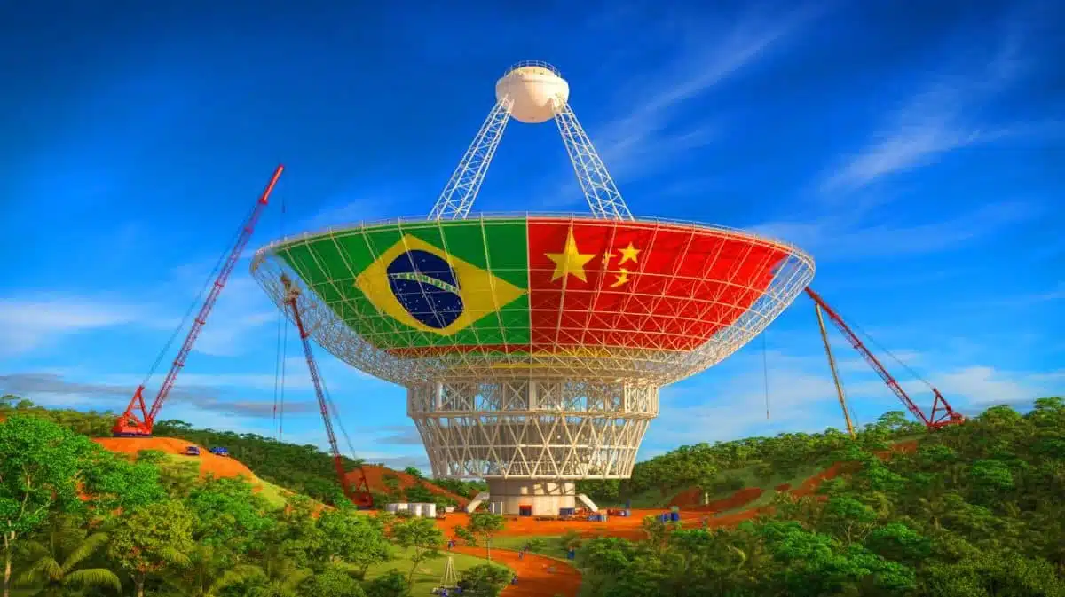 Illustration de la collaboration sino-brésilienne pour le projet BINGO et son radiotélescope monumental. Image réalisée par IA.
