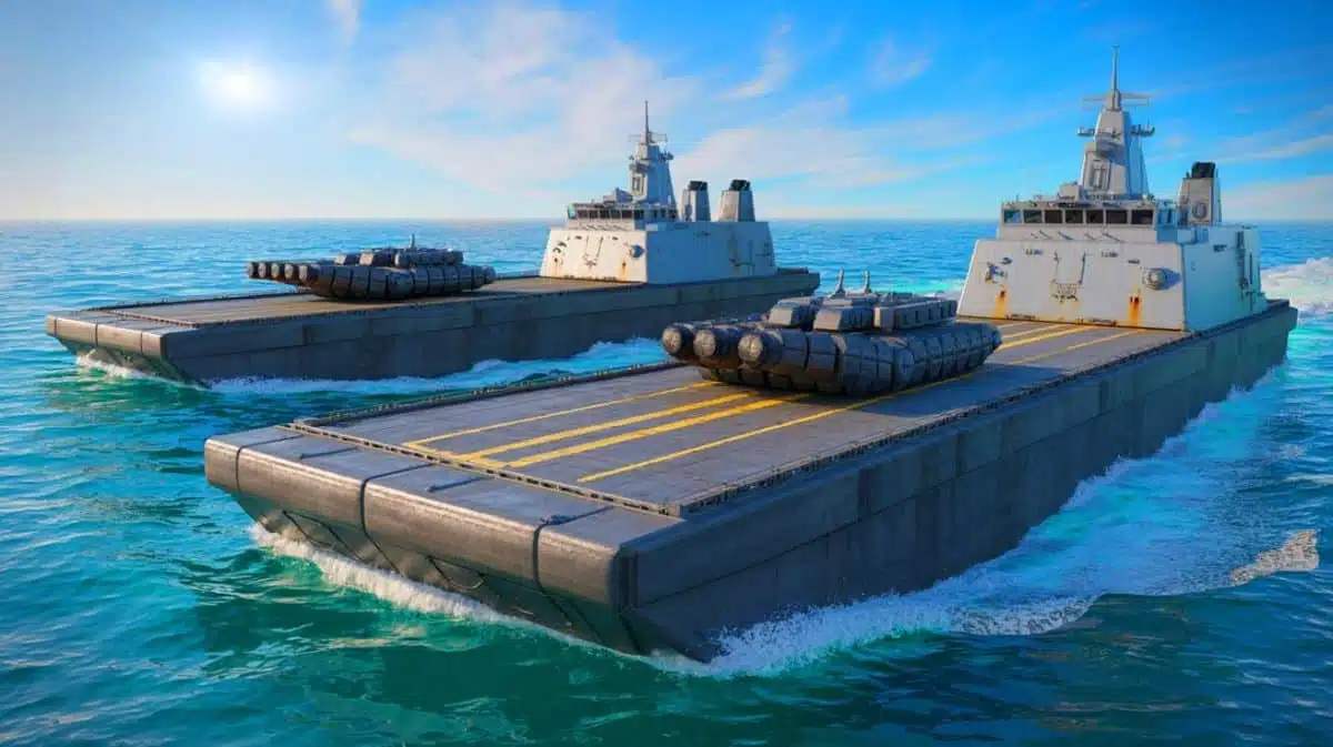 Illustration of China's Shuiqiao-type landing barges deploying heavy armor onto Taiwan's shores. Image generated by AI.