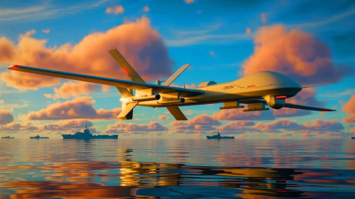 Illustration de drones Orion russes opérant en mer Noire. Image réalisée par IA.