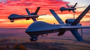 Illustration de drones Shahed russes furtifs utilisés pour des attaques en Ukraine. Image réalisée par IA.