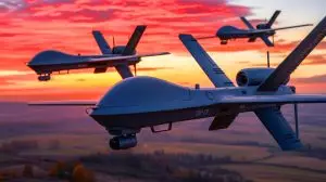Illustration de drones Shahed russes furtifs utilisés pour des attaques en Ukraine. Image réalisée par IA.