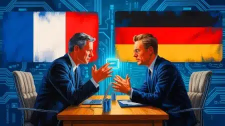 Illustration de la divergence stratégique entre la France et l'Allemagne face à la taxation des géants technologiques américains. Image réalisée par IA.