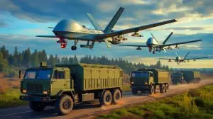 Illustration de l'attaque de drones ukrainiens sur des bases aériennes russes lors de "Operation Spiderweb". Image réalisée par IA.