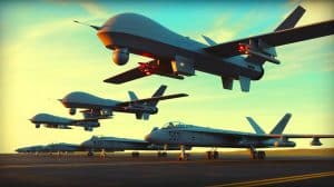 Illustration de l'attaque de drones Spiderweb par l'Ukraine sur des bombardiers nucléaires russes. Image réalisée par IA.