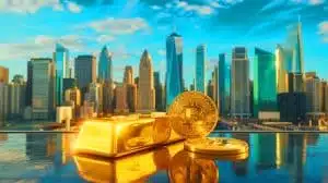 Illustration of the surge in gold prices amid geopolitical tensions and the debate over cryptocurrencies as alternatives. Image generated by AI.