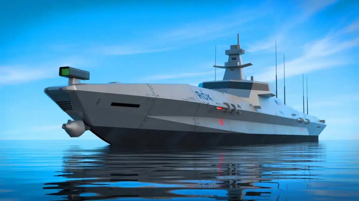 Illustration de la présentation du navire de surface sans équipage de la marine sud-coréenne au Salon du Drone. Image réalisée par IA.