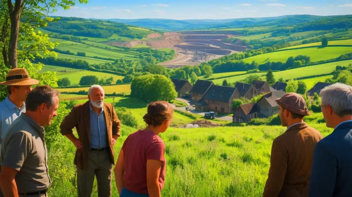 Illustration de la découverte d'un gisement de thorium dans une commune du Cantal, exploité par une entreprise chinoise. Image réalisée par IA.