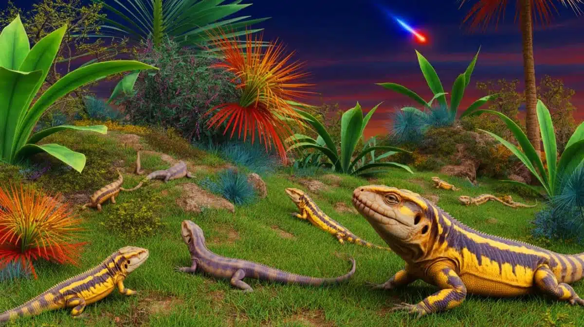 Illustration de lézards nocturnes survivant à l'extinction des dinosaures. Image réalisée par IA.