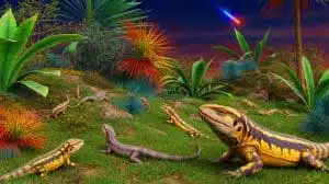 Illustration de lézards nocturnes survivant à l'extinction des dinosaures. Image réalisée par IA.