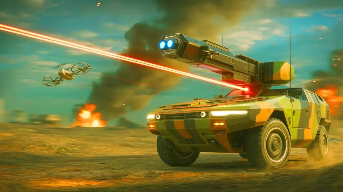 Illustration de l'utilisation d'un système d'arme laser chinois par la Russie pour contrer les drones ukrainiens. Image réalisée par IA.