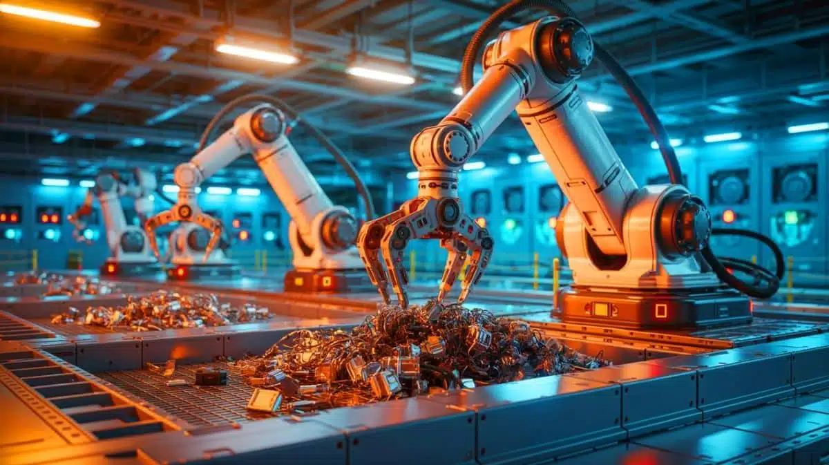 Illustration de robots autonomes triant des déchets radioactifs dans une centrale nucléaire. Image réalisée par IA.