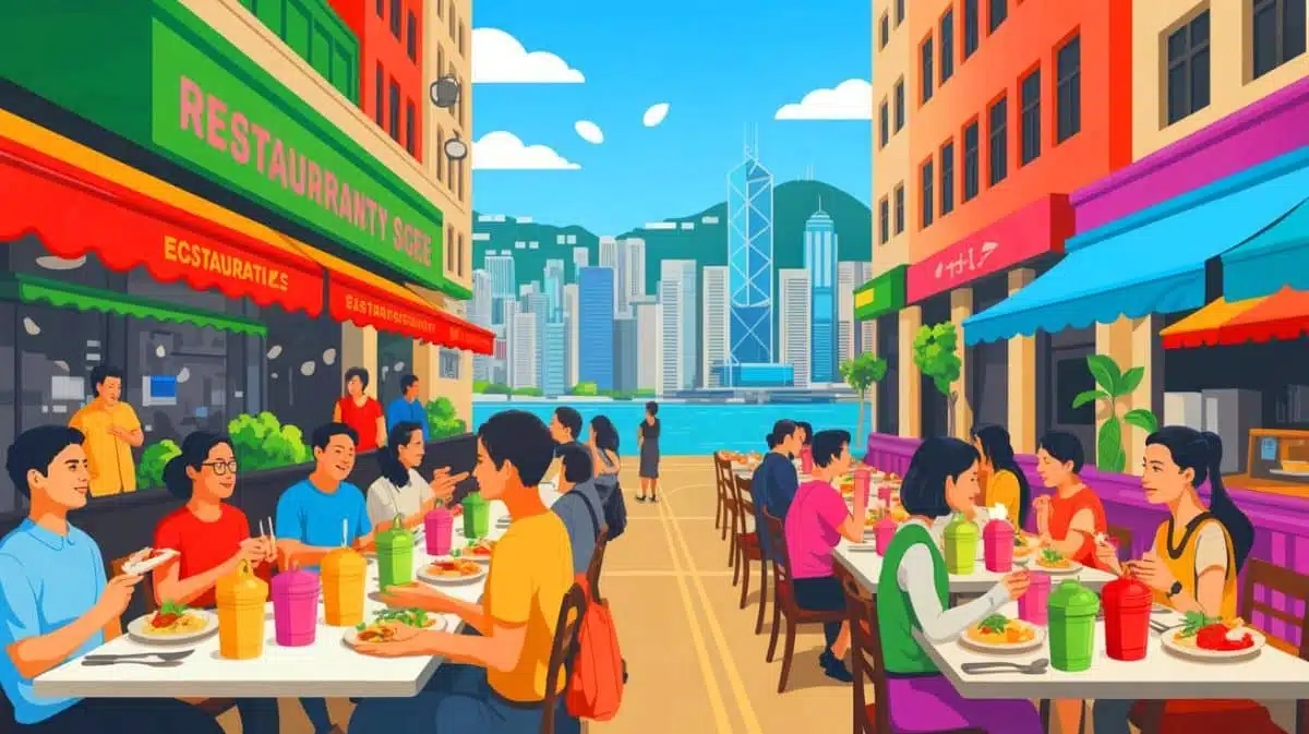 Illustration of Hong Kong testing alternatives to single-use plastics in restaurants. Image generated by AI.