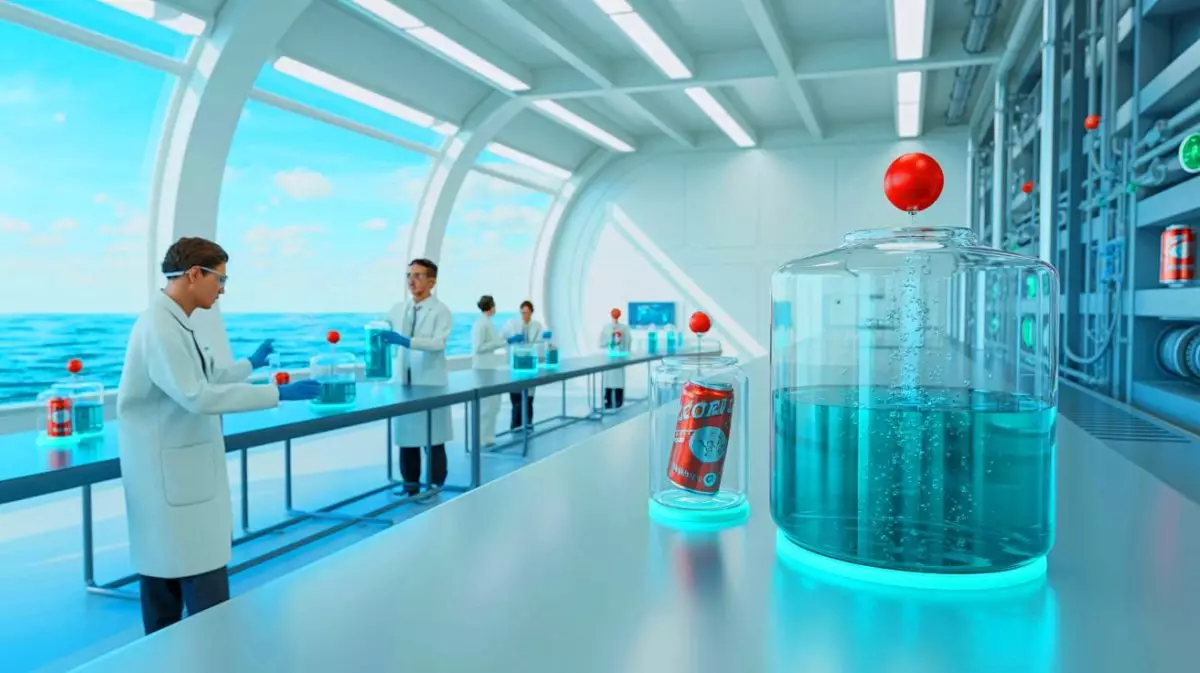 Illustration de la production d'hydrogène à partir de canettes de soda recyclées et d'eau de mer. Image réalisée par IA.