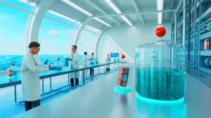 Illustration de la production d'hydrogène à partir de canettes de soda recyclées et d'eau de mer. Image réalisée par IA.