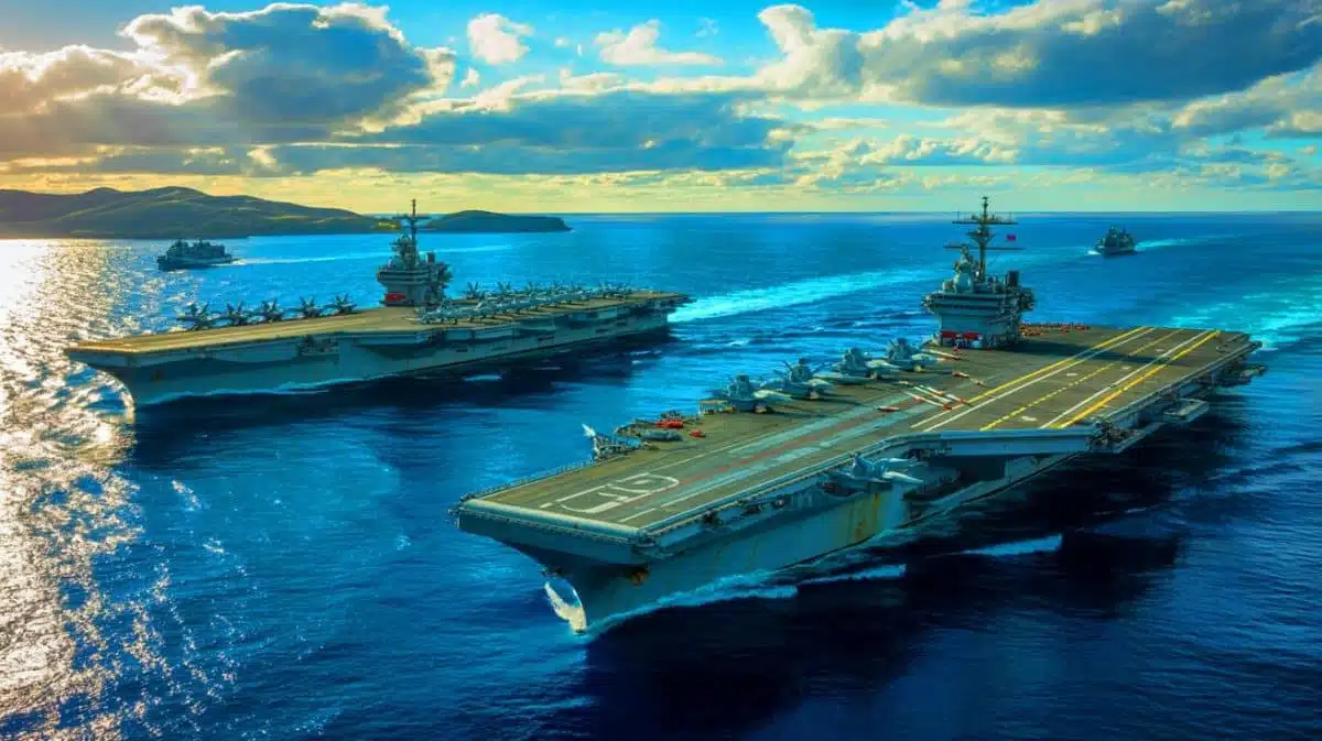 Illustration de deux porte-avions américains déployés dans le Pacifique en réponse à l'expansion militaire chinoise. Image réalisée par IA.