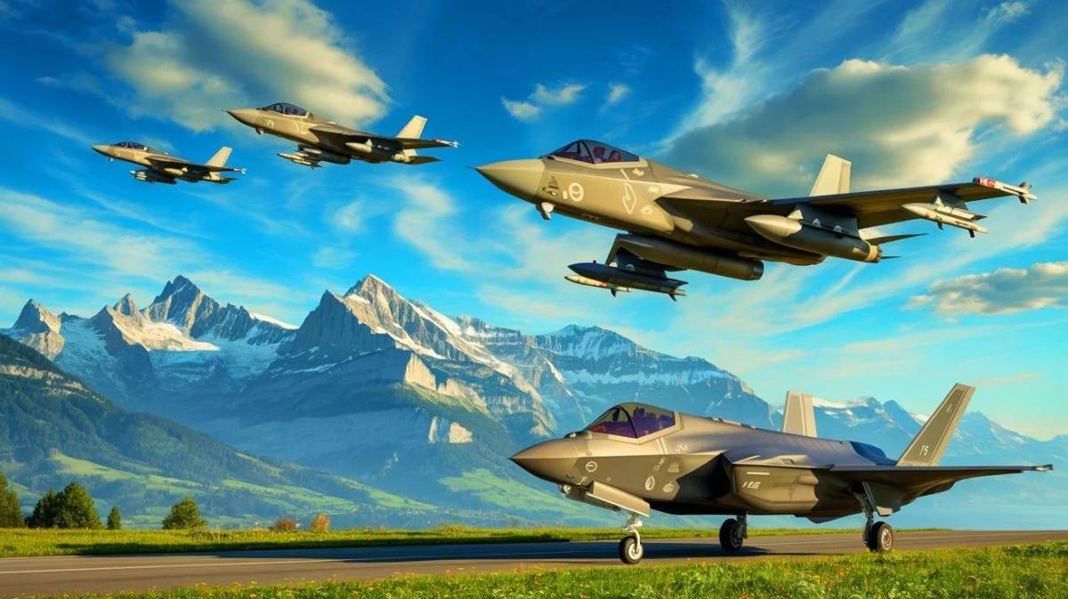Illustration of Switzerland's strategic shift from American F-35 jets to European military alliances. Image generated by AI.