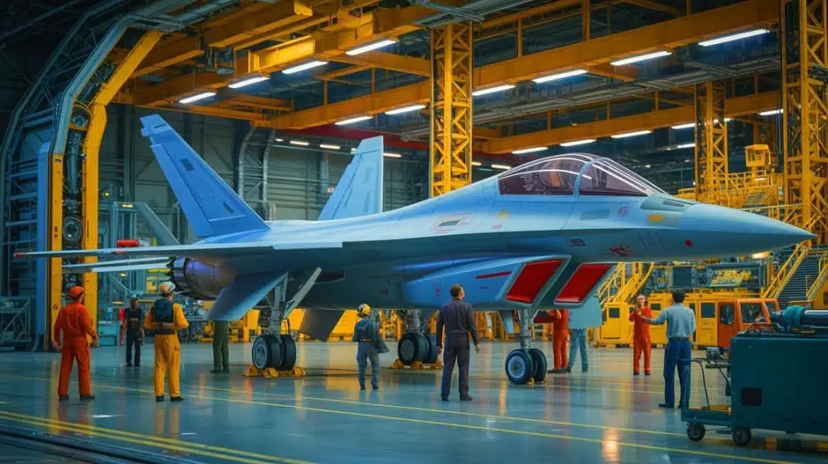 Illustration of the European New Generation Fighter (NGF) for the Future Combat Air System (FCAS) at the Paris Air Show. Image generated by AI.