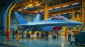 Illustration of the European New Generation Fighter (NGF) for the Future Combat Air System (FCAS) at the Paris Air Show. Image generated by AI.