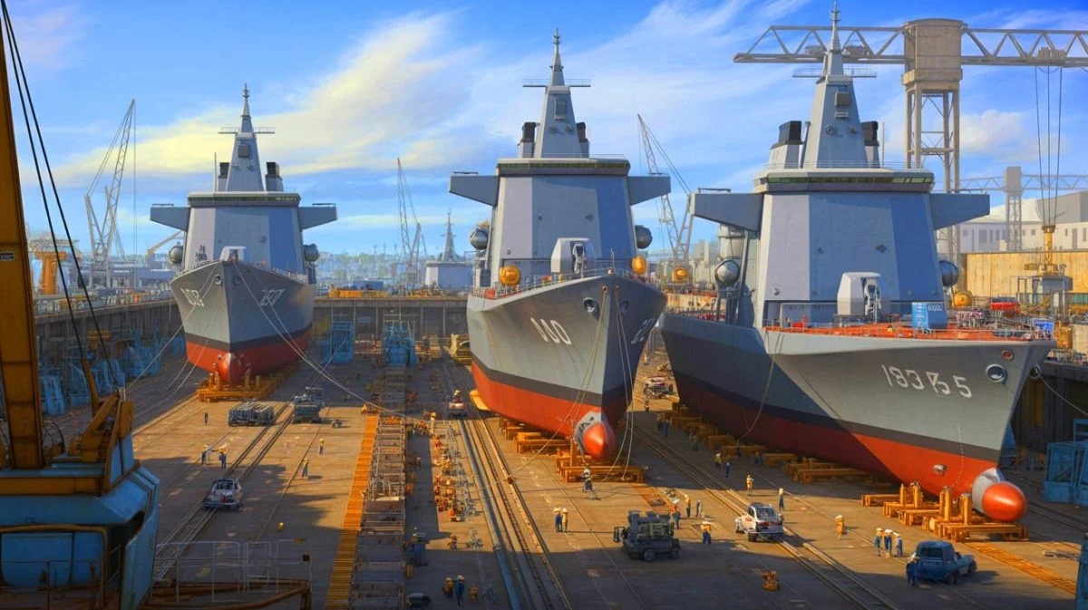 Illustration of Europe's naval shipyard consolidation challenges and international collaboration. Image generated by AI.