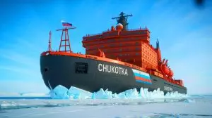 Illustration de la puissance du brise-glace nucléaire Chukotka naviguant dans les eaux arctiques. Image réalisée par IA.