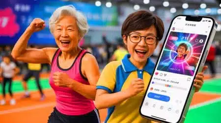 Illustration of a 71-year-old Chinese grandmother competing in a fitness contest and a math prodigy launching a social media account. Image generated by AI.